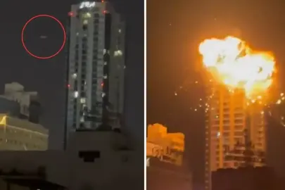 Alevler gökyüzüne yükseldi! İran Bahreyn'deki gökdeleni böyle vurdu
