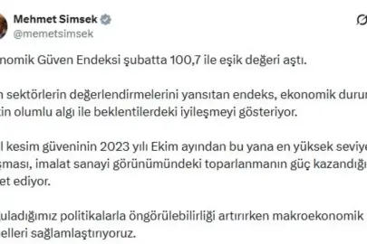 Bakan Şimşek: Ekonomik güven endeksi şubatta 100,7 ile eşik değeri aştı