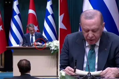 Cumhurbaşkanı Erdoğan'la görüşen Miçotakis'in hareketi basın toplantısına damga vurdu