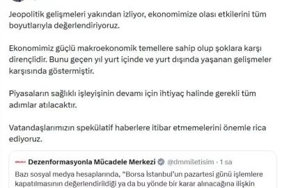 DMM'den 'Borsa İstanbul'un pazartesi günü işlemlere kapatılacağı' iddialarına yalanlama