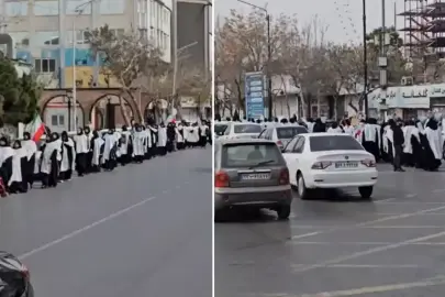 Kefenleri ile sokağa çıkan kadınlar Hamaney'in doğum yerinde intikam yemini etti