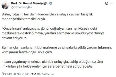 Bakan Memişoğlu: Tıbbi yardım yüklü TIR'larımız İran'a yola çıktı