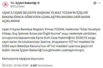 Eşme Belediye Başkanı Tozan görevden uzaklaştırıldı